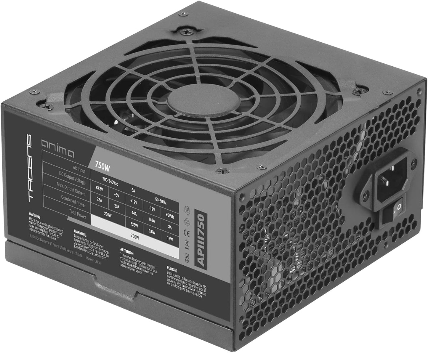 Tacens Anima APIII750 Netzteil – 750W ATX mit 85% Bronze-Effizienz, Ultraleiser 12 cm Lüfter, PCIe 6+2-Pin, Flache Kabel, DC-DC-Technologie, Schwarz