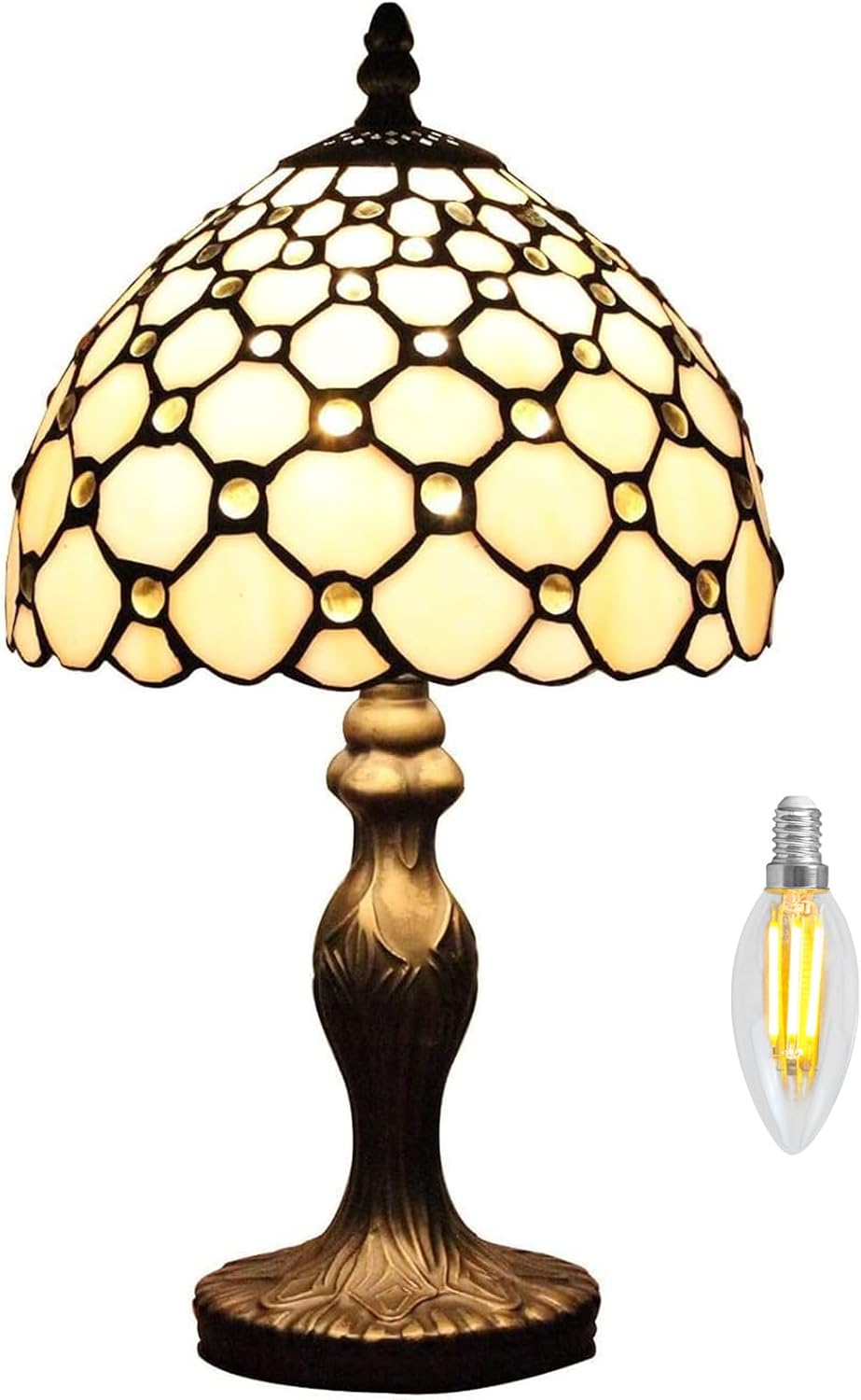 Tiffany Tischlampe – Vintage Nachttischlampe mit Handgefertigtem Buntglas-Lampenschirm 38cm – E14 LED Beige Jugendstil Leuchte für Schlafzimmer & Wohnzimmer Deko