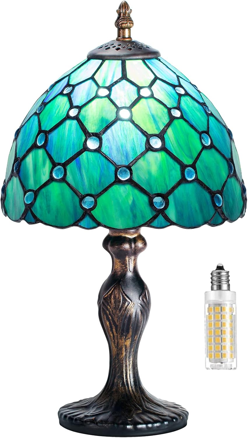 Tiffany Style Tischlampe – Vintage Handgefertigte Glasmalerei Lampe  – Jugendstil Nachttischlampe für Schlafzimmer & Büro – 33 cm Höhe mit LED E14