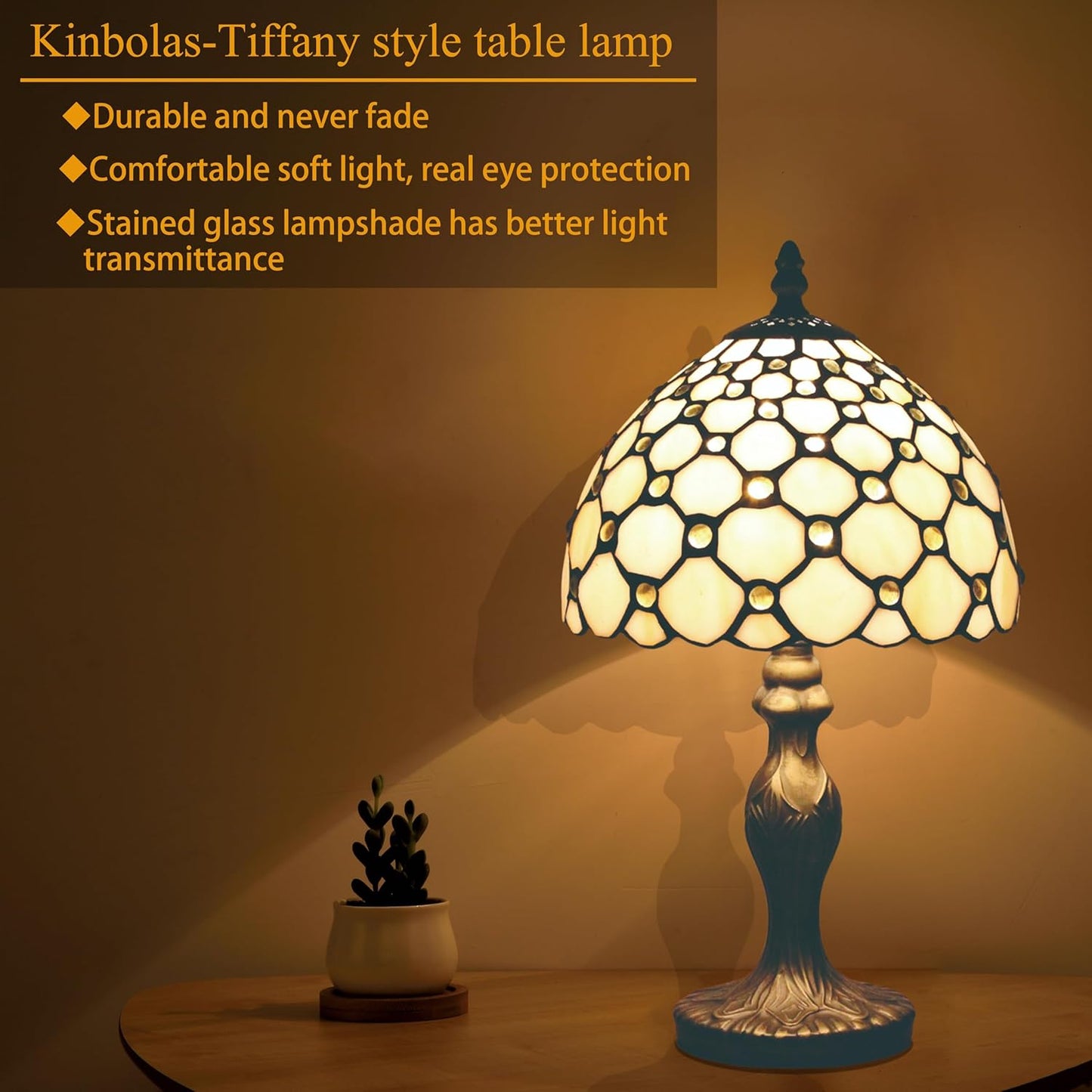 Tiffany Tischlampe – Vintage Nachttischlampe mit Handgefertigtem Buntglas-Lampenschirm 38cm – E14 LED Beige Jugendstil Leuchte für Schlafzimmer & Wohnzimmer Deko