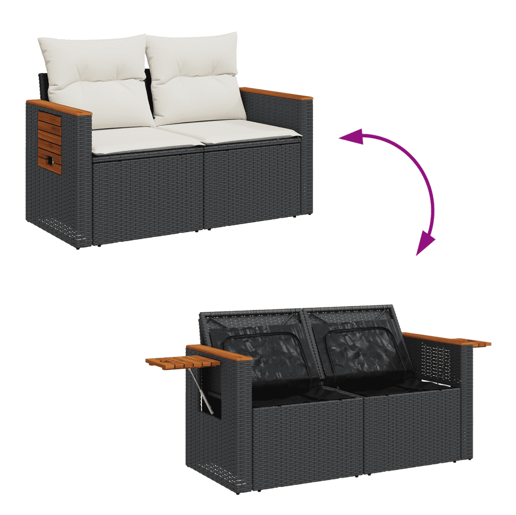 11-tlg. Garten-Sofagarnitur mit Kissen Schwarz Poly Rattan