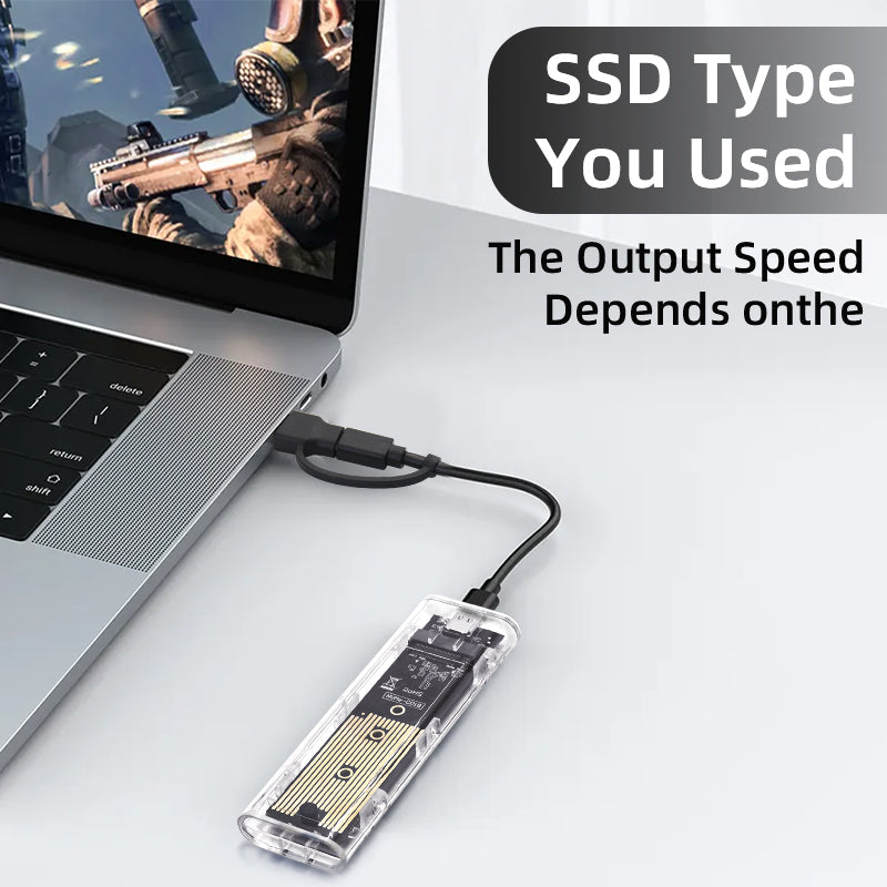 Externes SSD Gehäuse für M.2 NVME PCIe & NGFF SATA Dual-Protokoll  – USB-C 10 Gbit/s Transparent