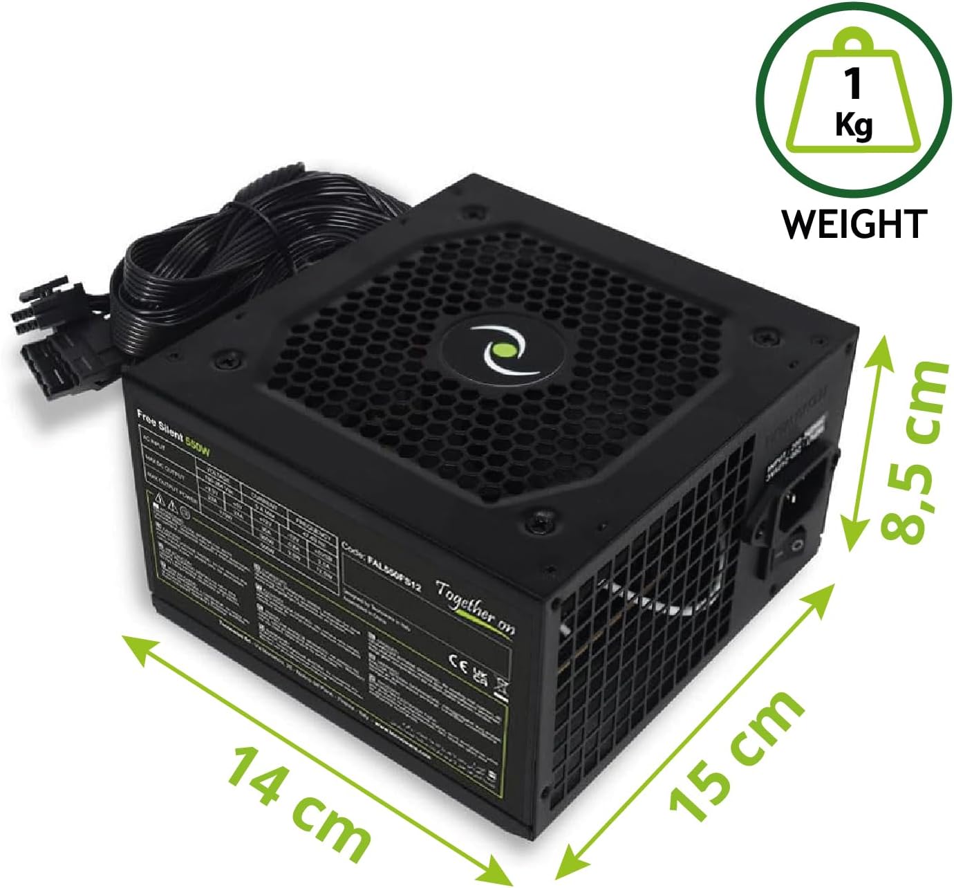 Tecnoware ATX Free Silent 550W Netzteil – Leiser 12 cm Ventilator, 2x SATA, 24-polig, Überspannungsschutz, CE & RoHS-zertifiziert – Zuverlässig & Umweltfreundlich