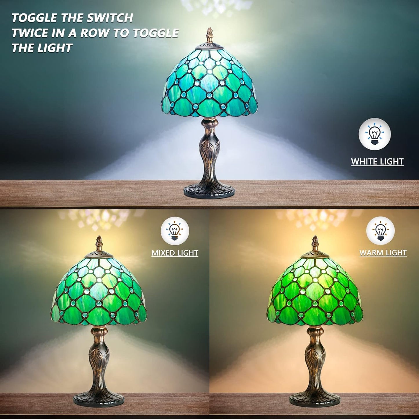 Tiffany Style Tischlampe – Vintage Handgefertigte Glasmalerei Lampe  – Jugendstil Nachttischlampe für Schlafzimmer & Büro – 33 cm Höhe mit LED E14