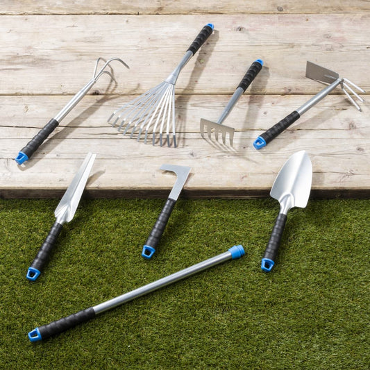 HI 8 pièces. Set d'outils de jardin en métal argenté