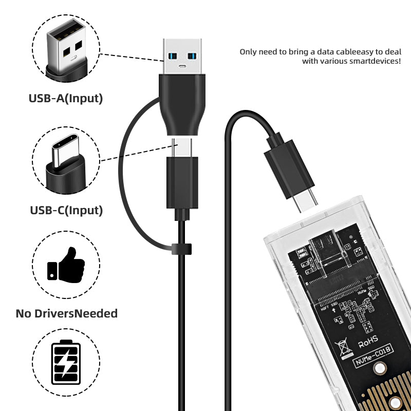 Externes SSD Gehäuse für M.2 NVME PCIe & NGFF SATA Dual-Protokoll  – USB-C 10 Gbit/s Transparent