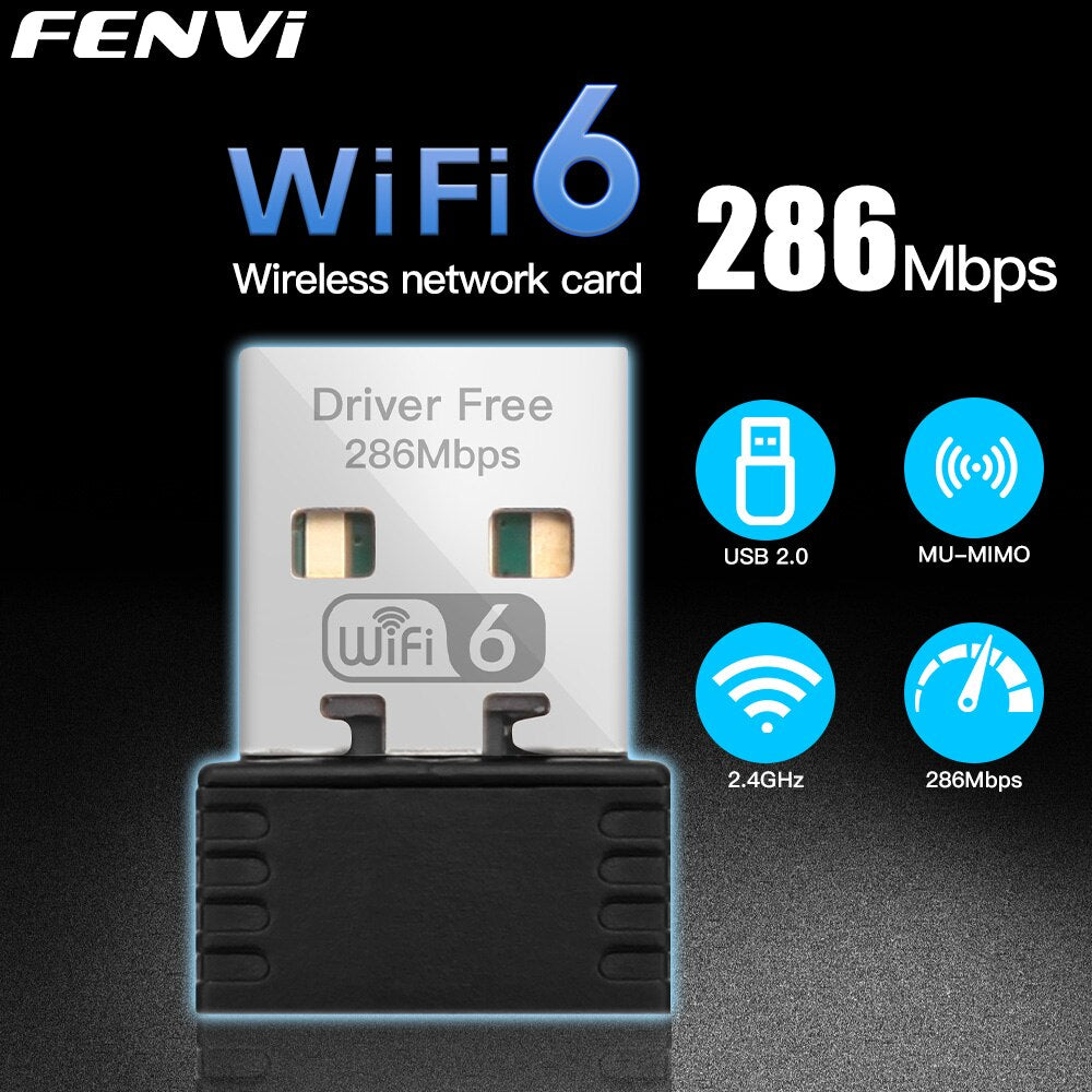 Fenvi WiFi 6 Adapter AX286 – Mini USB Dongle für Hochgeschwindigkeits-WLAN (2,4 GHz, 300 Mbps) – Kompatibel mit Windows 7, 10 & 11