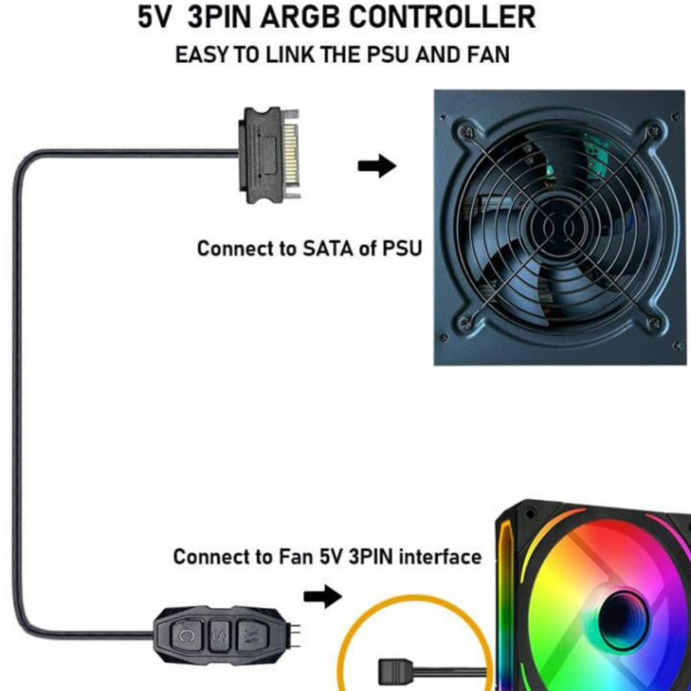 ARGB Controller mit Fernbedienung – 3-Pin ARGB Controller für Farbwechsel, SATA-Netzteil für PC-Fans und LED-Streifen