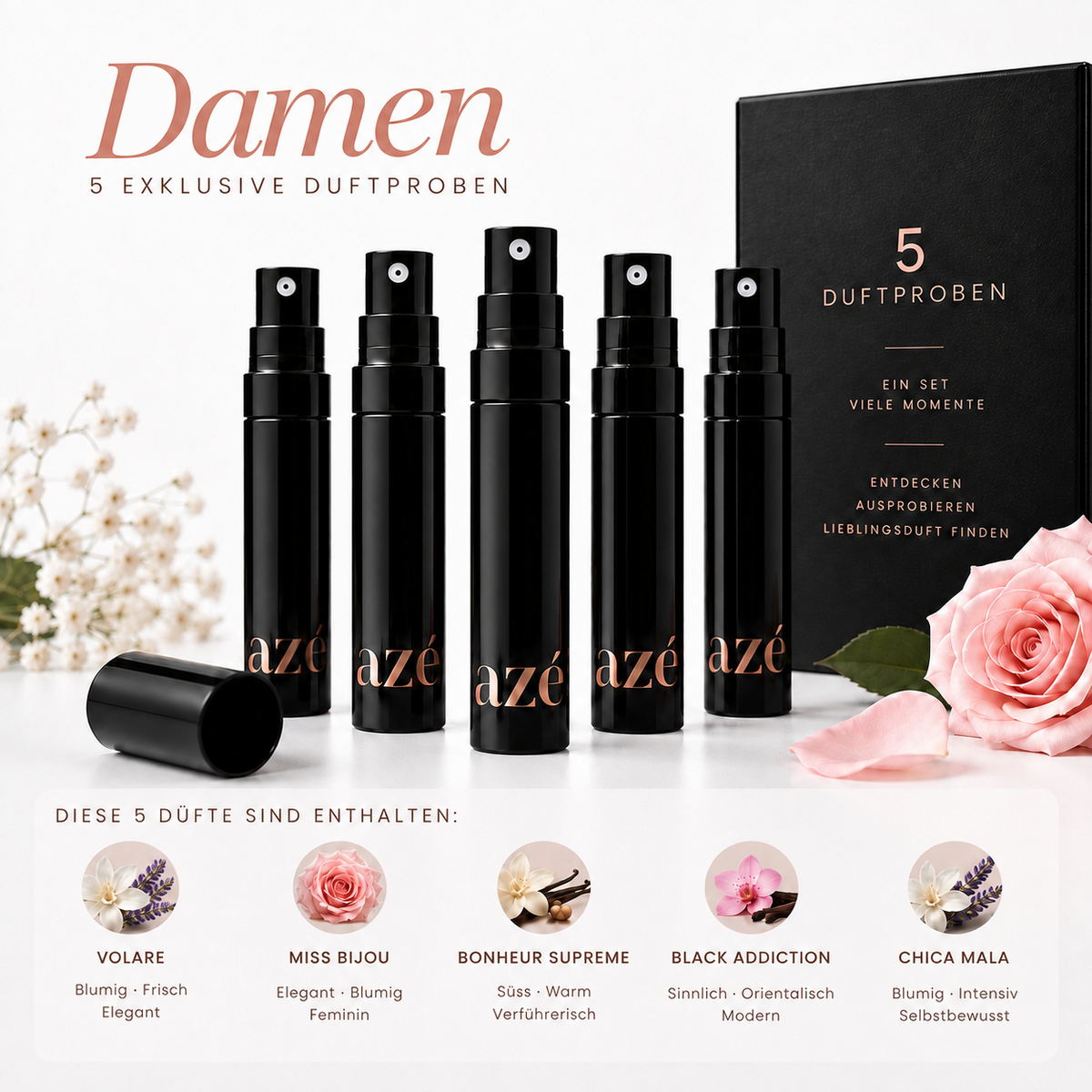 Fünf Damen-Duftproben im schwarzen Zerstäuber als Entdecker-Set