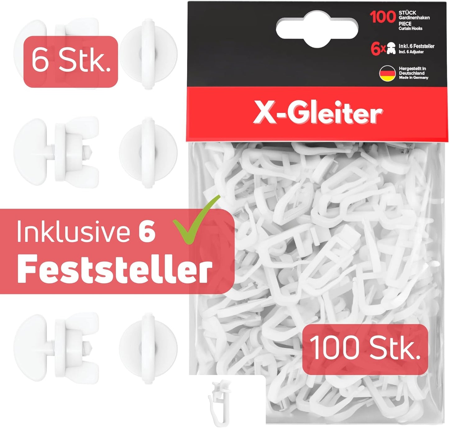 100 X Gleiter Vorhang weiss mit Stopper für Gardinenschiene 6mm