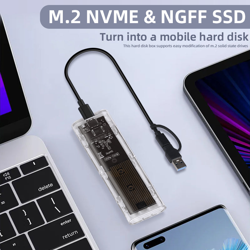 Externes SSD Gehäuse für M.2 NVME PCIe & NGFF SATA Dual-Protokoll  – USB-C 10 Gbit/s Transparent