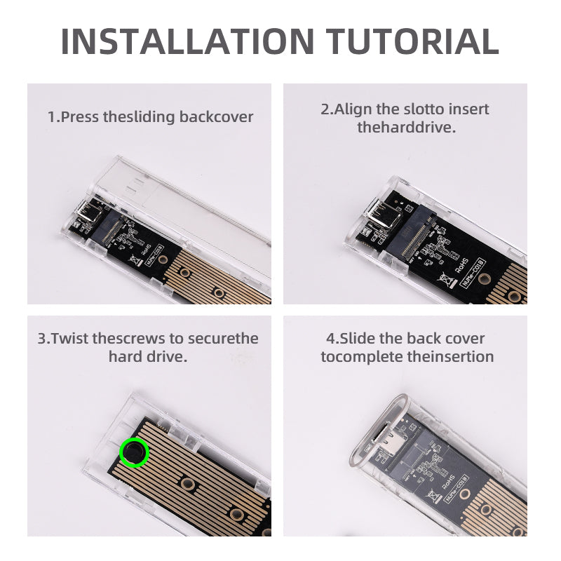 Externes SSD Gehäuse für M.2 NVME PCIe & NGFF SATA Dual-Protokoll  – USB-C 10 Gbit/s Transparent