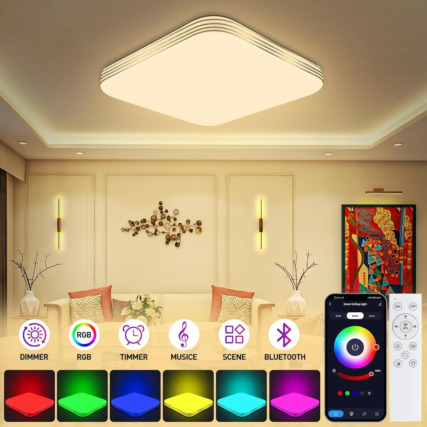 🌀 RGB Deckenleuchte 36W mit Fernbedienung & App – Farbwechsel für jede Stimmung