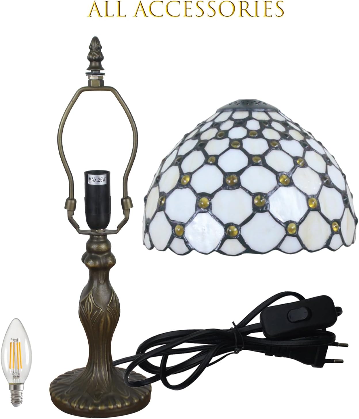 Tiffany Tischlampe – Vintage Nachttischlampe mit Handgefertigtem Buntglas-Lampenschirm 38cm – E14 LED Beige Jugendstil Leuchte für Schlafzimmer & Wohnzimmer Deko