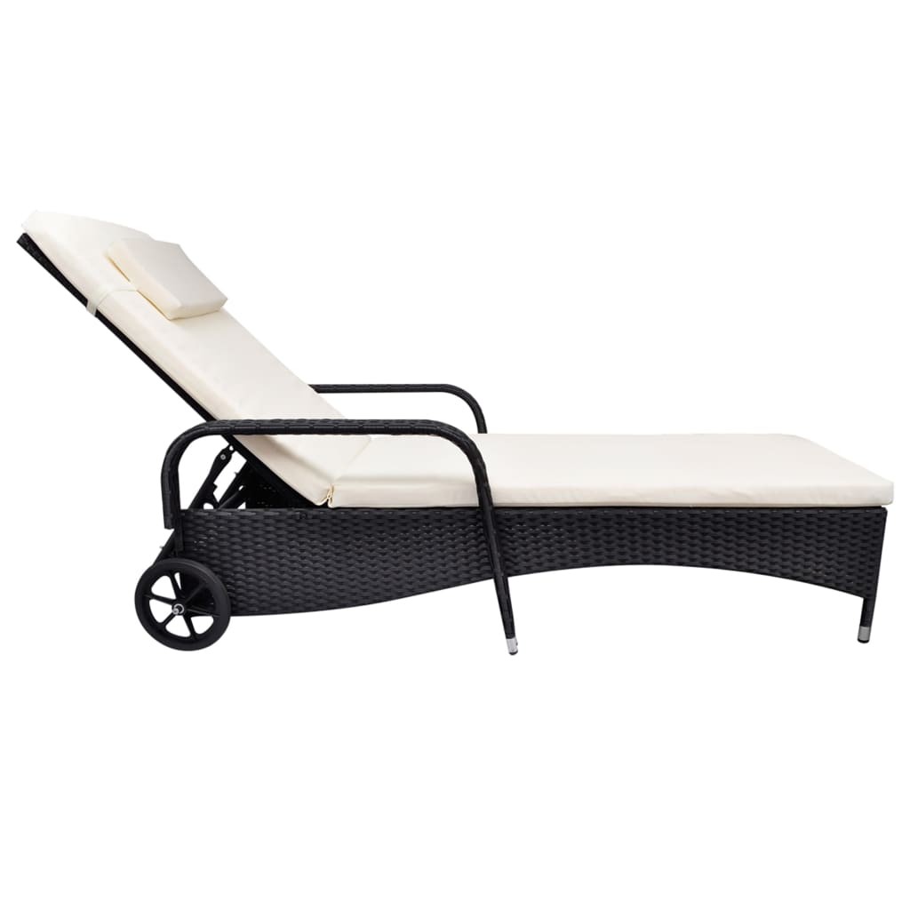 Sonnenliege mit Polster & Rollen Poly Rattan Schwarz