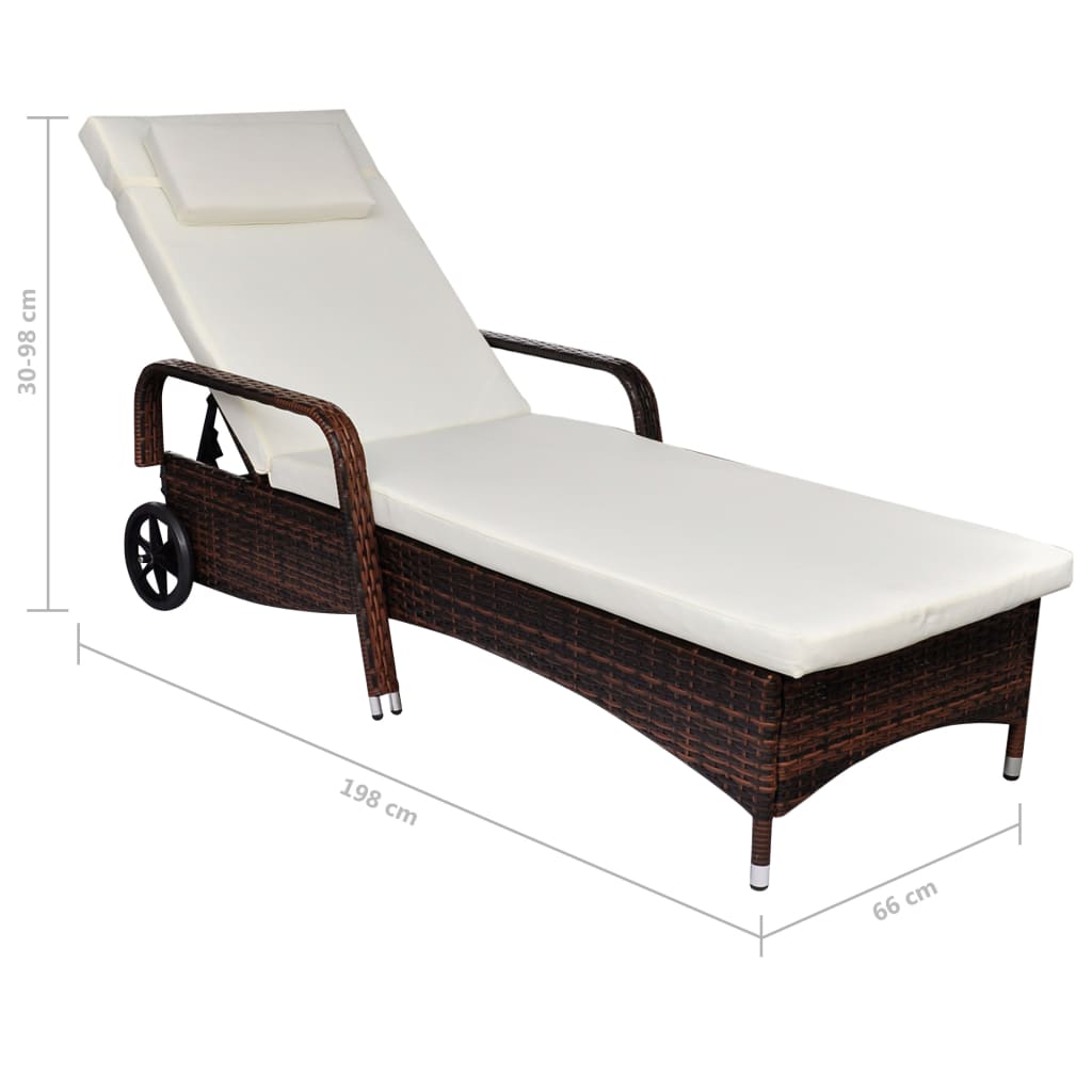 Bain de soleil avec coussins et roulettes poly rotin marron