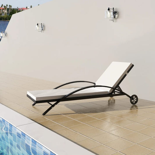 Bain de soleil avec coussins et roulettes poly rotin noir
