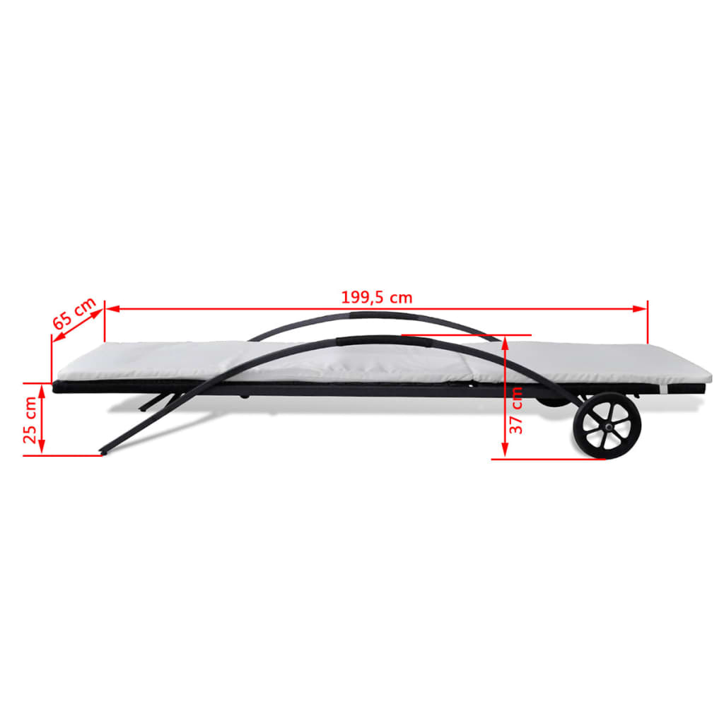 Sonnenliege mit Polster & Rollen Poly Rattan Schwarz