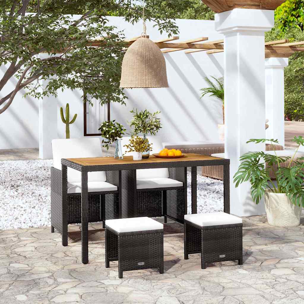 5-tlg. Garten-Essgruppe Poly Rattan Akazienholz Schwarz