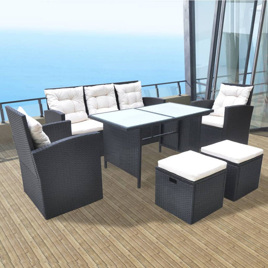 6-piece garden dining set with cushions poly rattan black