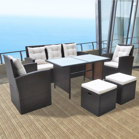 6-piece garden dining set with cushions poly rattan brown