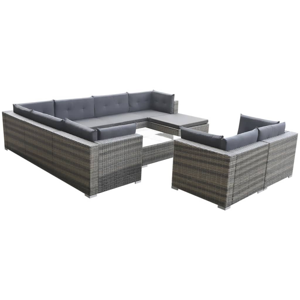 10-tlg. Garten-Lounge-Set mit Auflagen Poly Rattan Grau