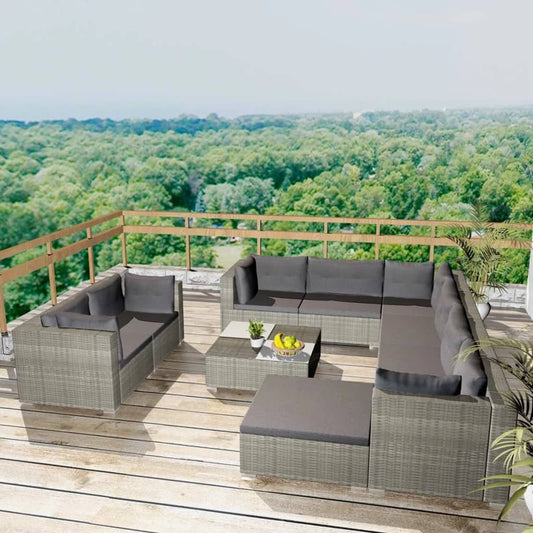 10-tlg. Garten-Lounge-Set mit Auflagen Poly Rattan Grau