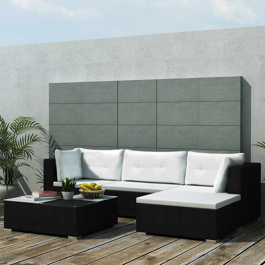 5-tlg. Garten-Lounge-Set mit Kissen Poly Rattan Schwarz