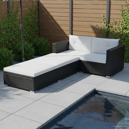 3-tlg. Garten-Lounge-Set mit Auflagen Poly Rattan Schwarz