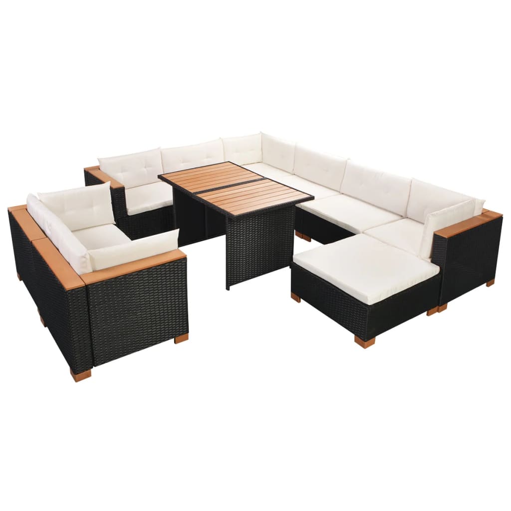 10-tlg. Garten-Lounge-Set mit Auflagen Poly Rattan Schwarz