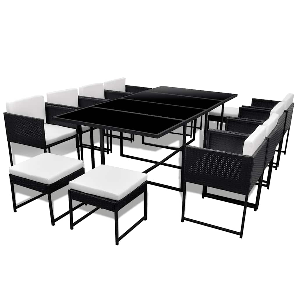 13-tlg. Garten-Essgruppe mit Auflagen Poly Rattan Schwarz
