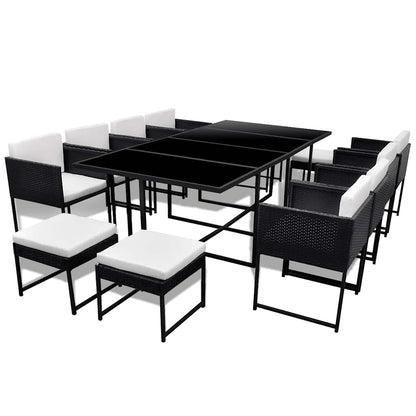 13-tlg. Garten-Essgruppe mit Auflagen Poly Rattan Schwarz