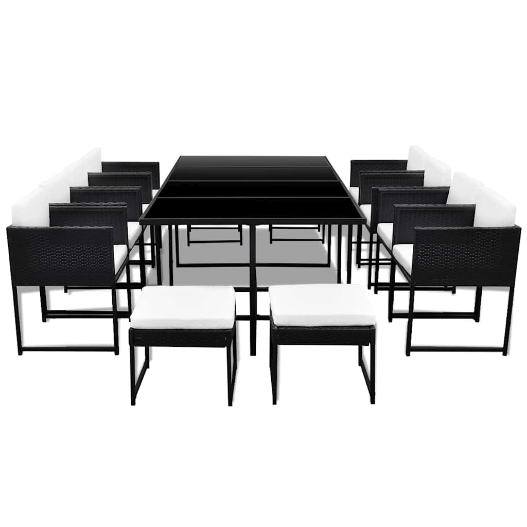 13-tlg. Garten-Essgruppe mit Auflagen Poly Rattan Schwarz