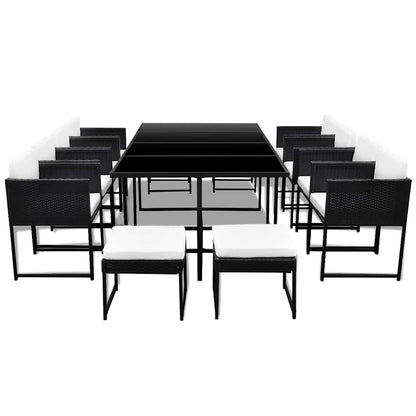 13-tlg. Garten-Essgruppe mit Auflagen Poly Rattan Schwarz