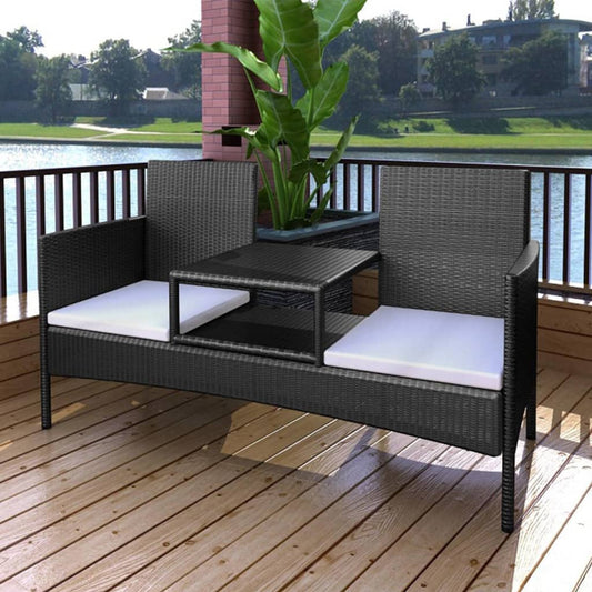 Gartensofa 2-Sitzer mit Teetisch Poly Rattan Schwarz