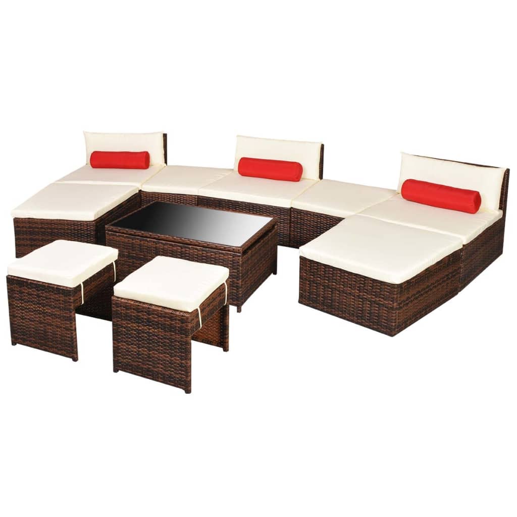 10 pièces. Salon de jardin avec coussins poly rotin marron