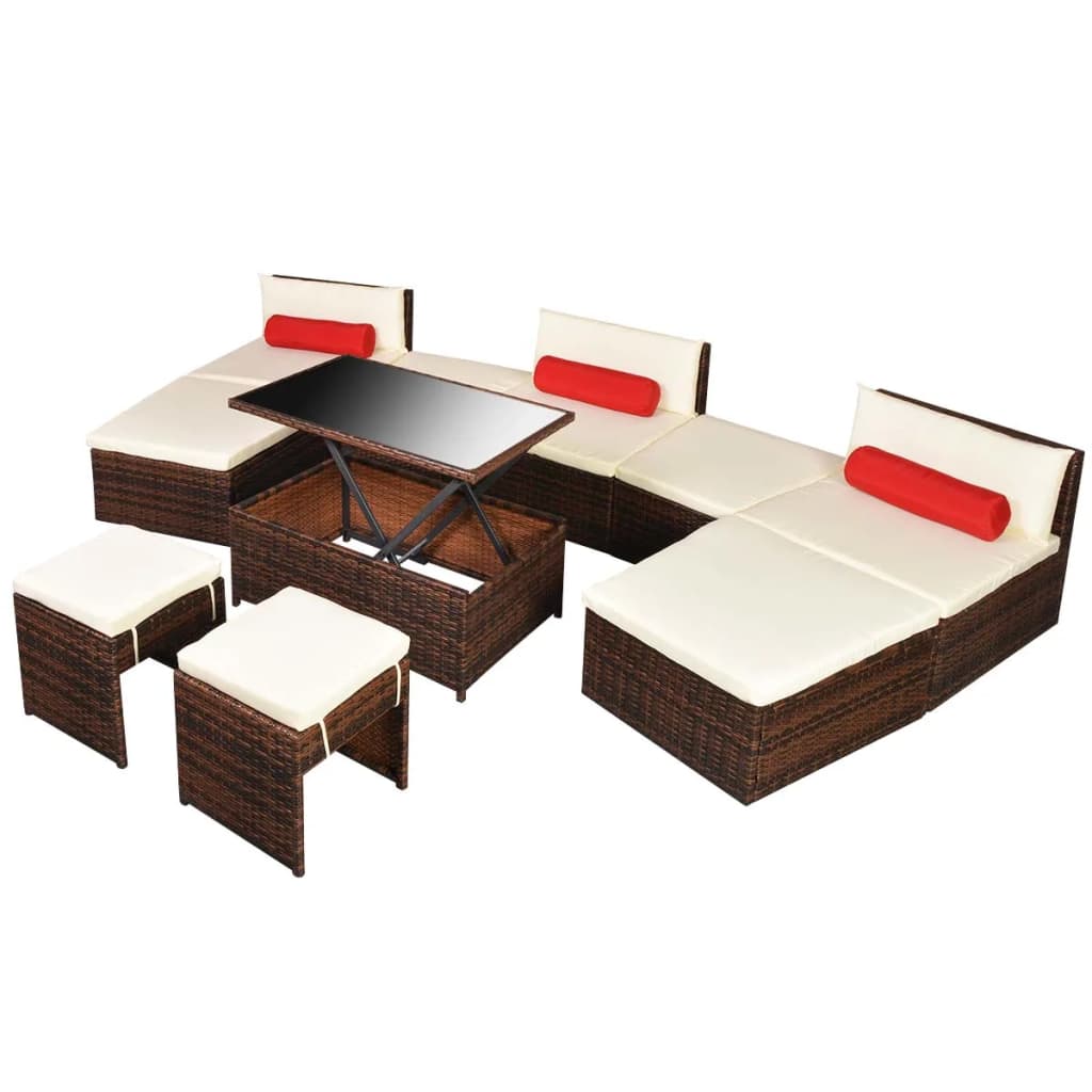 10 pièces. Salon de jardin avec coussins poly rotin marron
