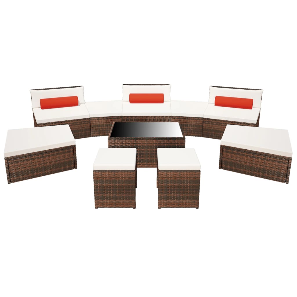 10 pièces. Salon de jardin avec coussins poly rotin marron