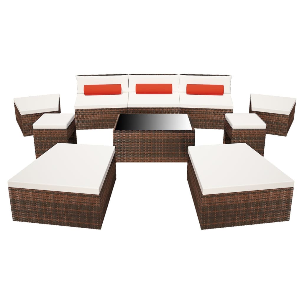 10 pièces. Salon de jardin avec coussins poly rotin marron
