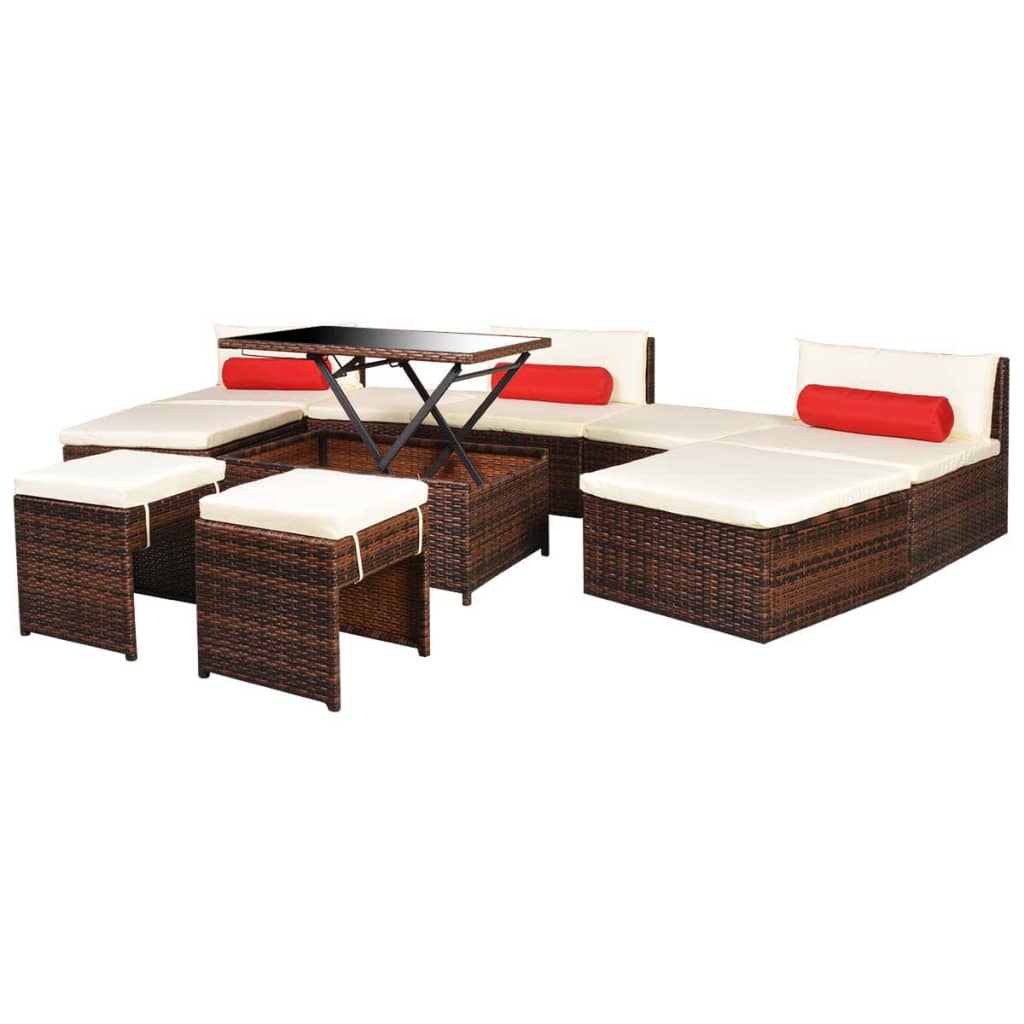 10 pièces. Salon de jardin avec coussins poly rotin marron