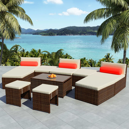 10-tlg. Garten-Lounge-Set mit Auflagen Poly Rattan Braun