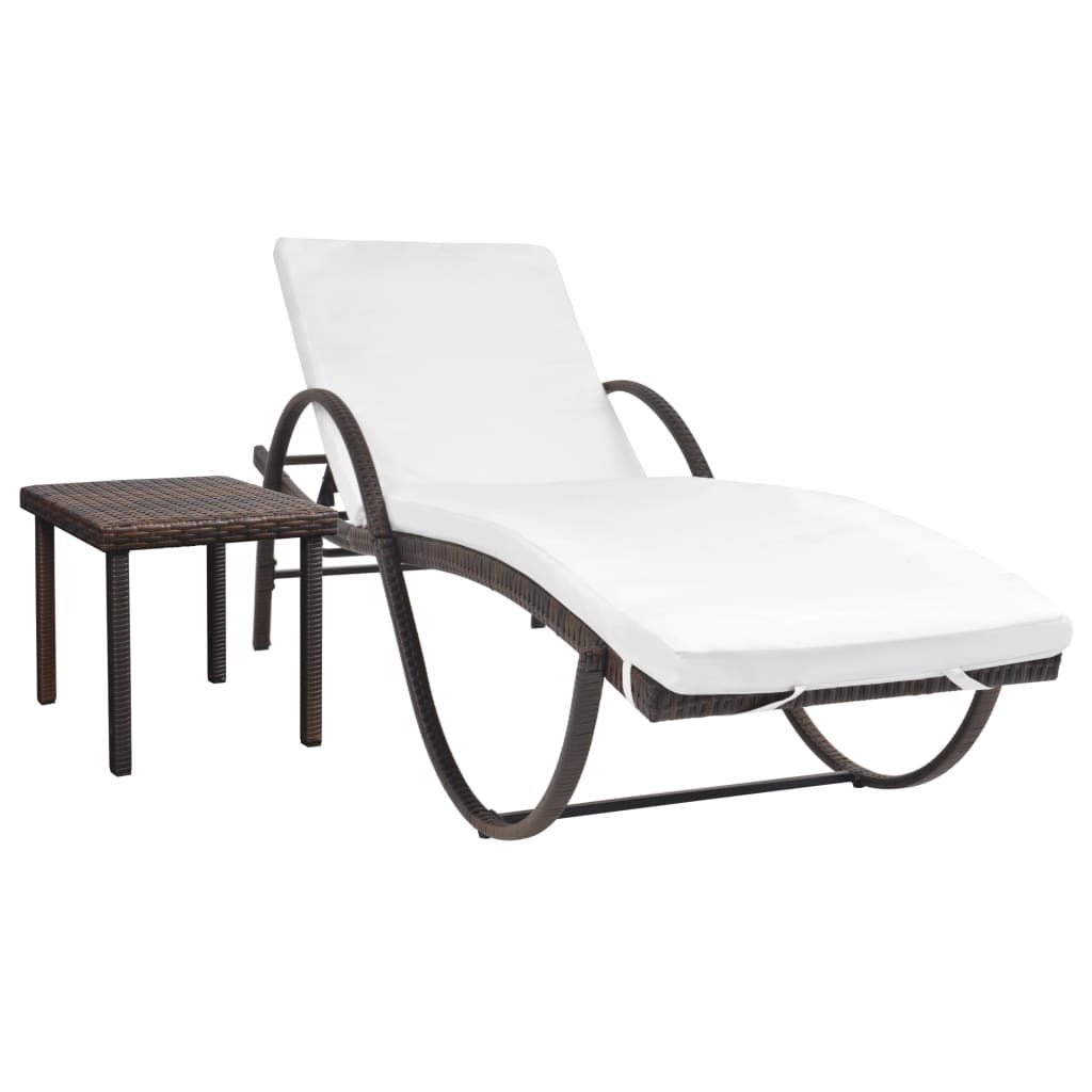 Bain de soleil avec coussin et table poly rotin marron