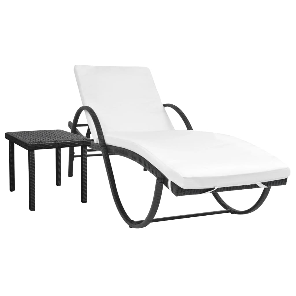 Bain de soleil avec coussin et table poly rotin noir