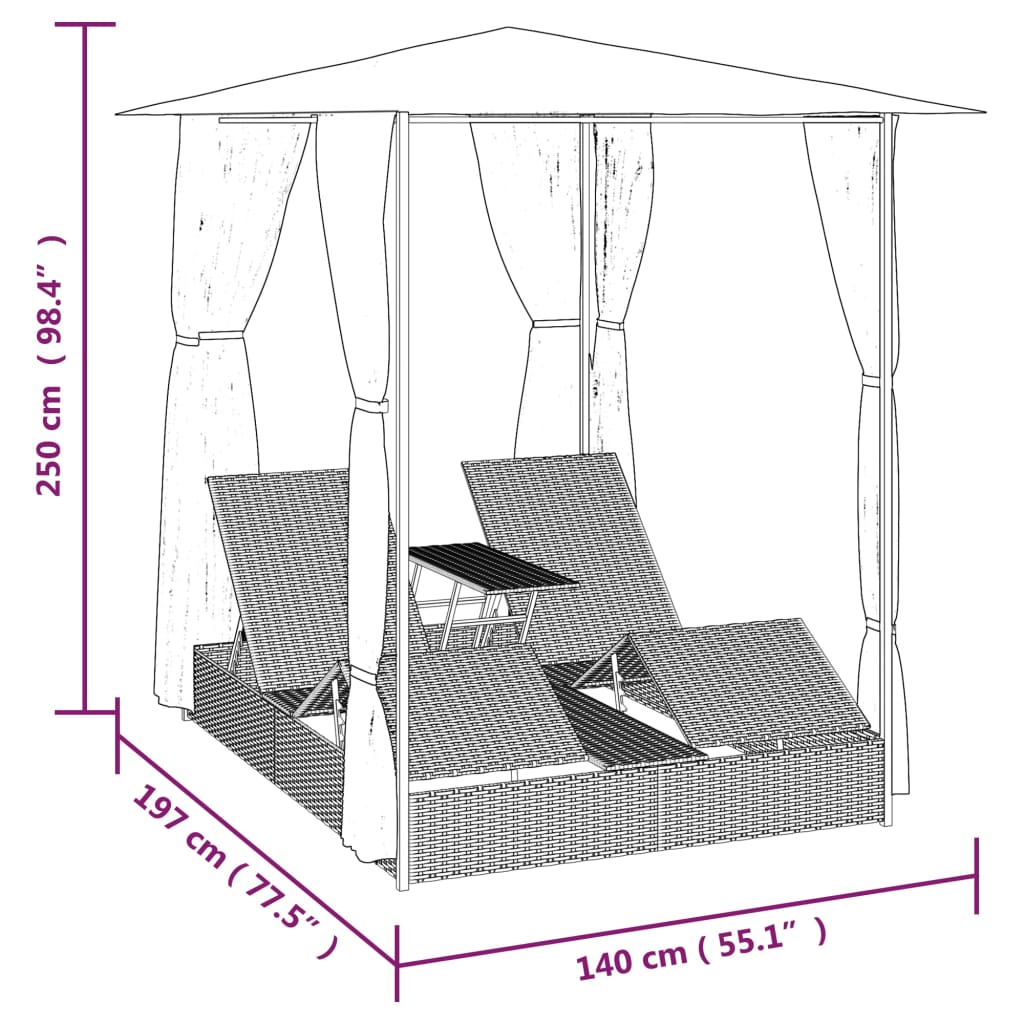 Bain de soleil double avec rideau poly rotin marron