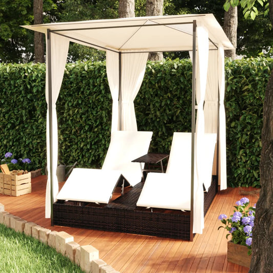 Bain de soleil double avec rideau poly rotin marron