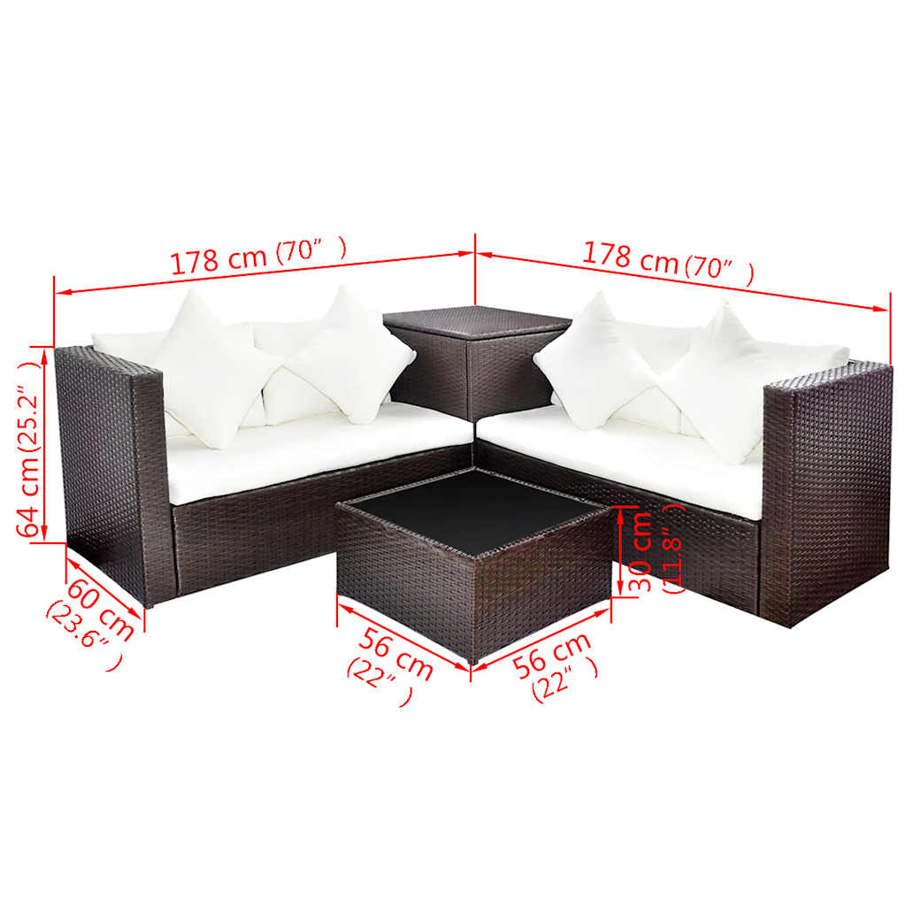 4-tlg. Garten-Lounge-Set mit Auflagen Poly Rattan Braun