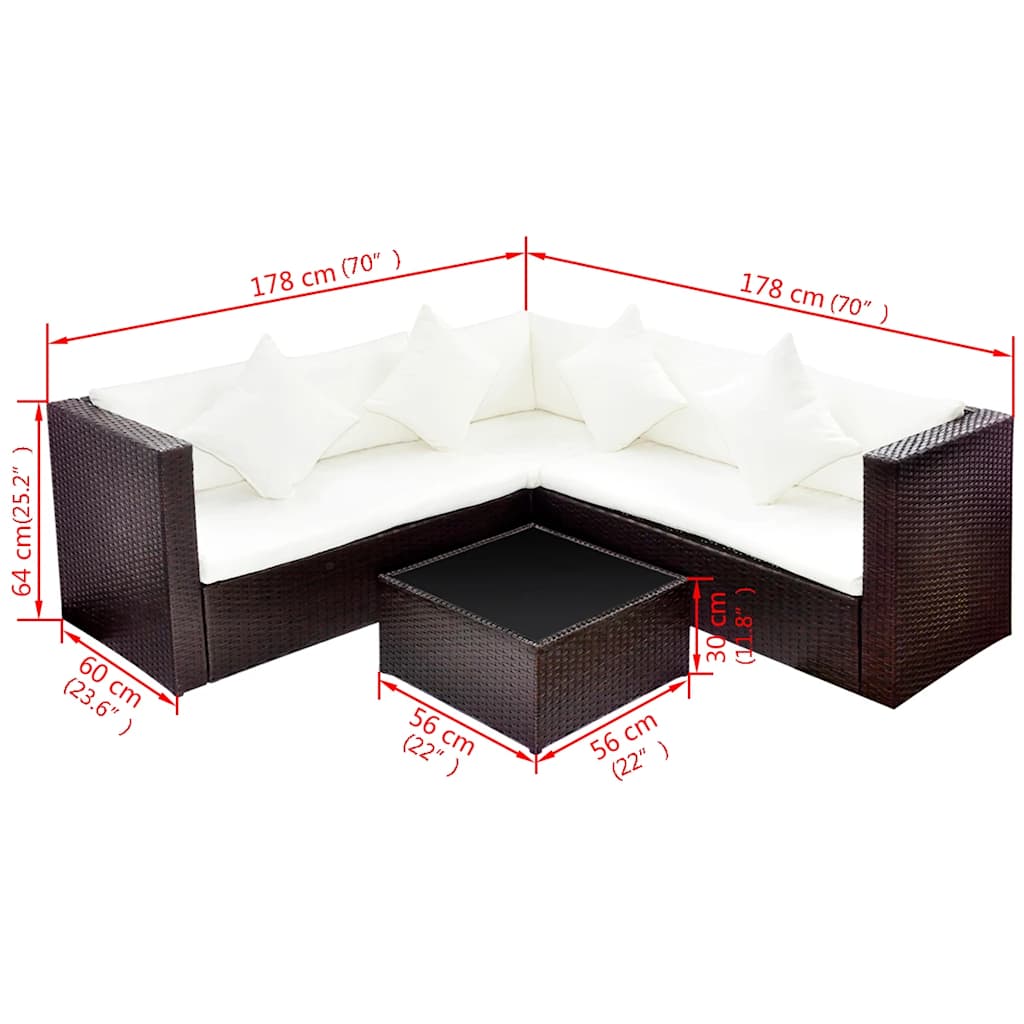 4-tlg. Garten-Lounge-Set mit Kissen Poly-Rattan Braun