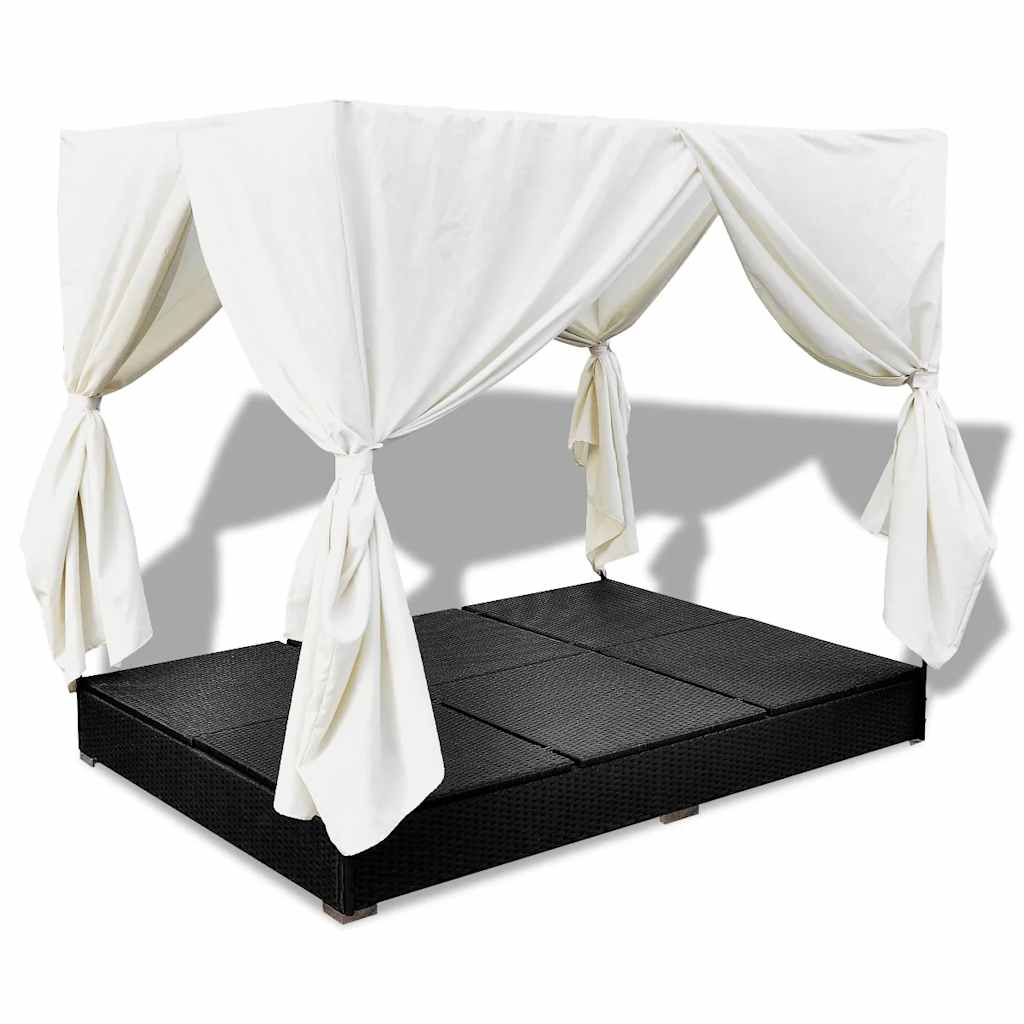 Outdoor-Loungebett mit Vorhang Poly Rattan Schwarz