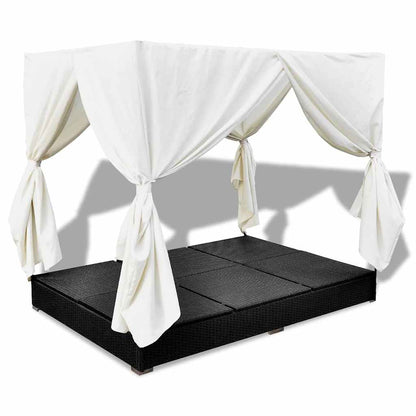 Outdoor-Loungebett mit Vorhang Poly Rattan Schwarz