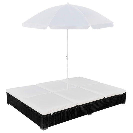 Lit lounge d'extérieur avec parasol poly rotin noir